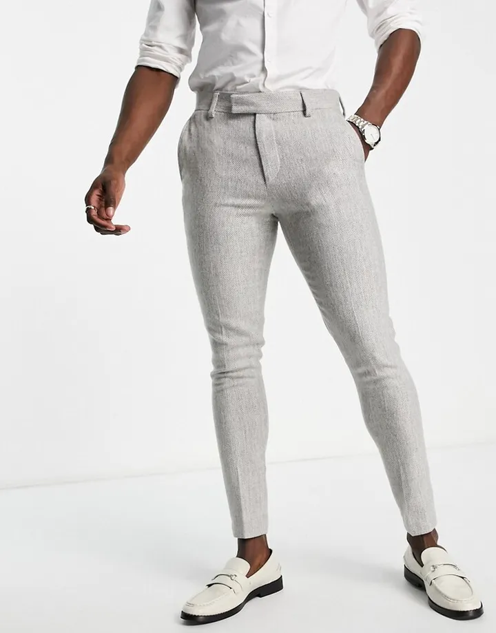 ASOS DESIGN wedding super skinny suit pants in ice gray herringbone
