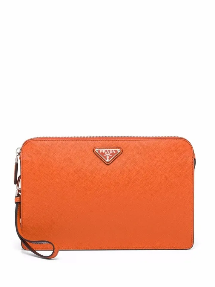 Saffiano triangle-logo pouch