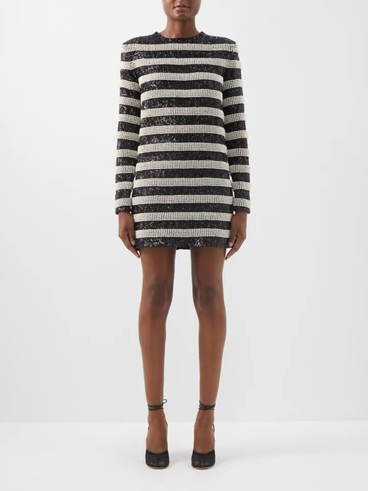 Faux-pearl And Sequinned Striped Dress