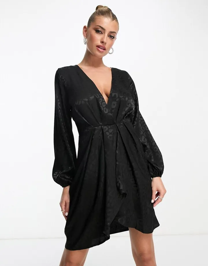Vesper satin mini long sleeve dress in black