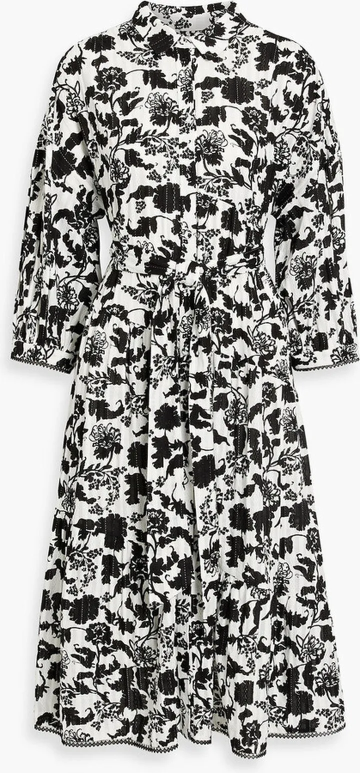 Luna gathered floral-print cotton-jacquard midi shirt dress