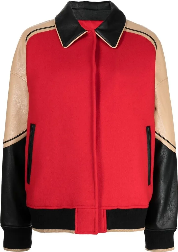 Faux-Leather Trim Wool Bomber Jacket
