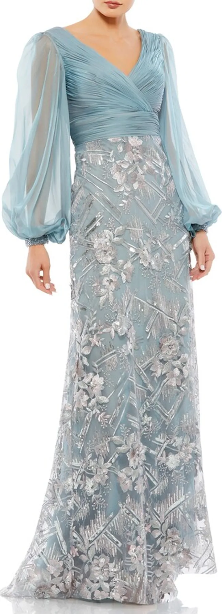 Metallic Floral Long Sleeve Empire Waist Gown
