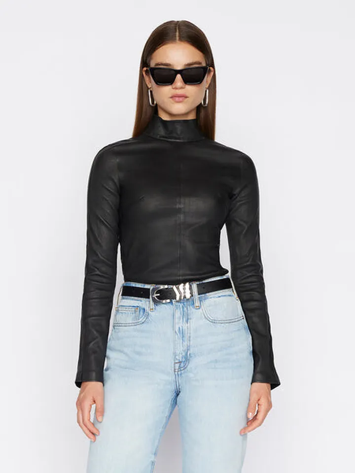 Stretch Leather Turtleneck Noir