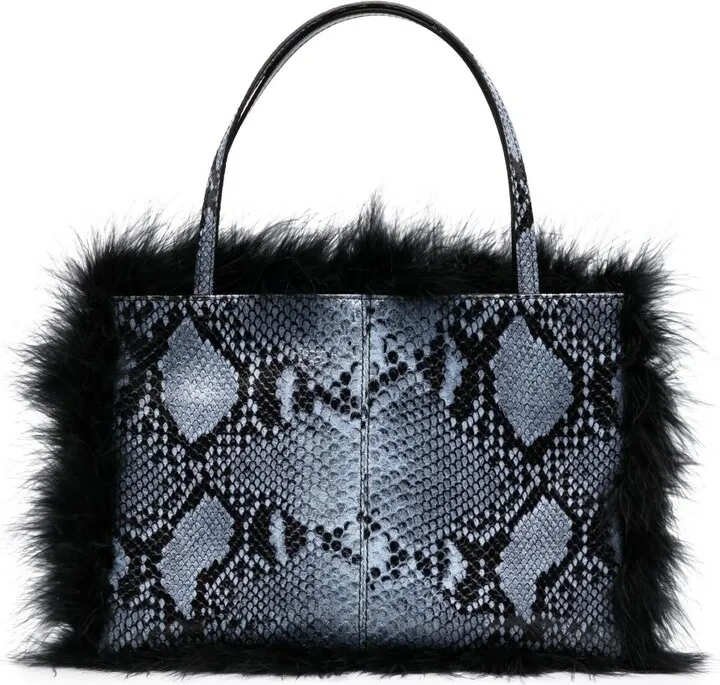 Blue Suki Snakeskin-Effect Feather-Trim Tote Bag
