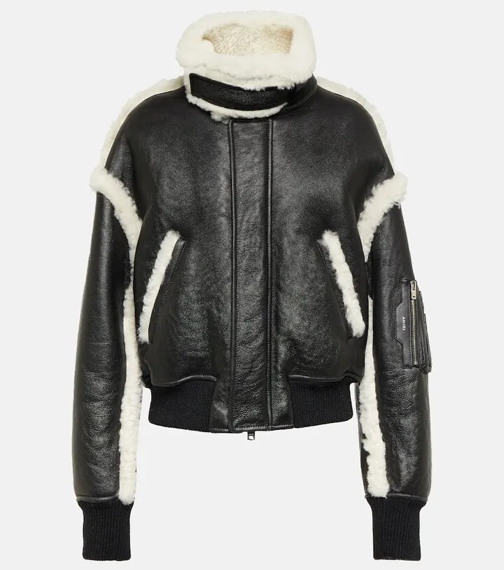 Shearling-trimmed leather bomber jacket