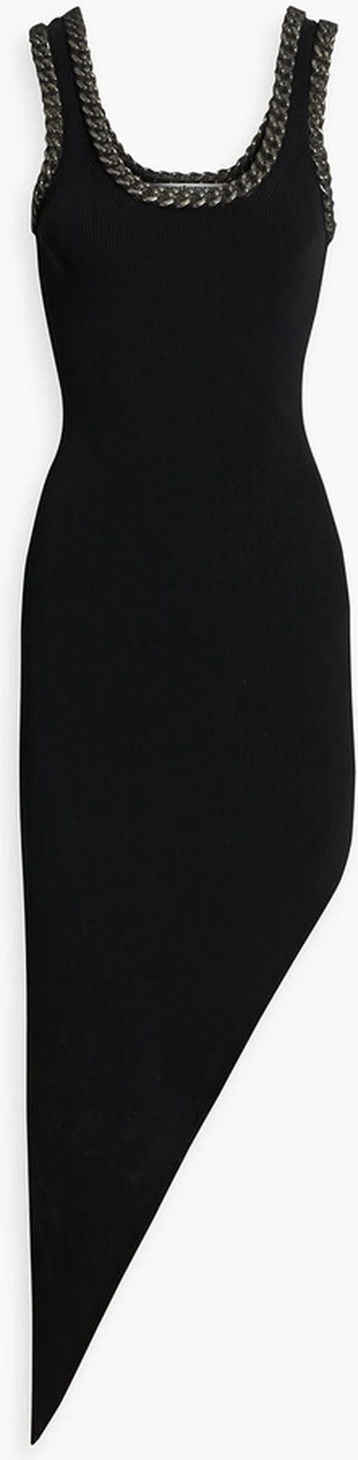 Asymmetric chain-embellished ribbed-knit mini dress