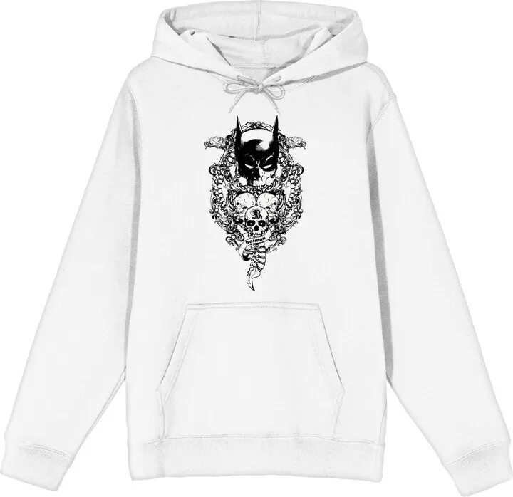 Batman Bat Mask And Three Skulls Men’s White Graphic Hoodie-Small