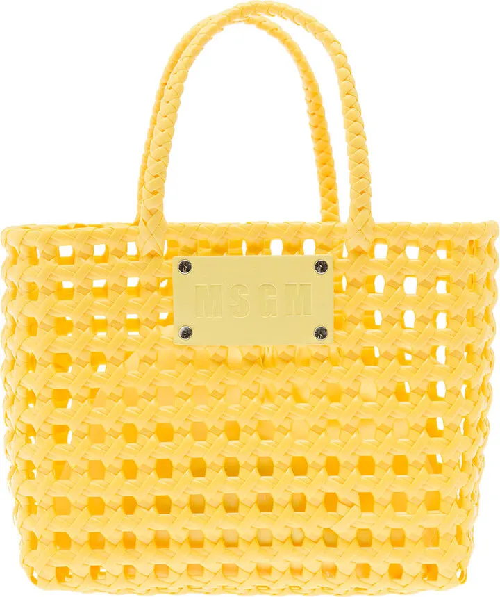 Medium Yellow Tote Bag With Logo Patch In Braided Rubber Woman