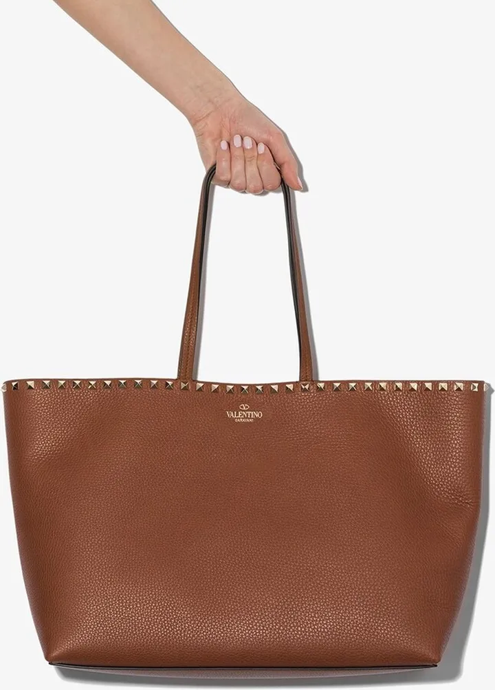 Brown Rockstud Large Leather Tote Bag