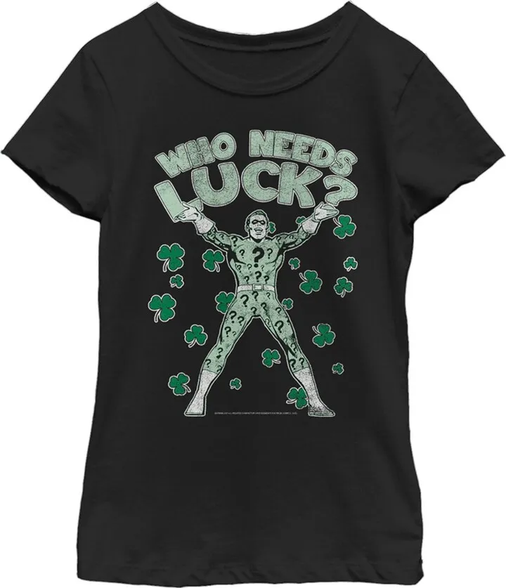 Girl's Batman St. Patrick's Day Riddler Who Needs Luck Distressed T-Shirt - Black - Large