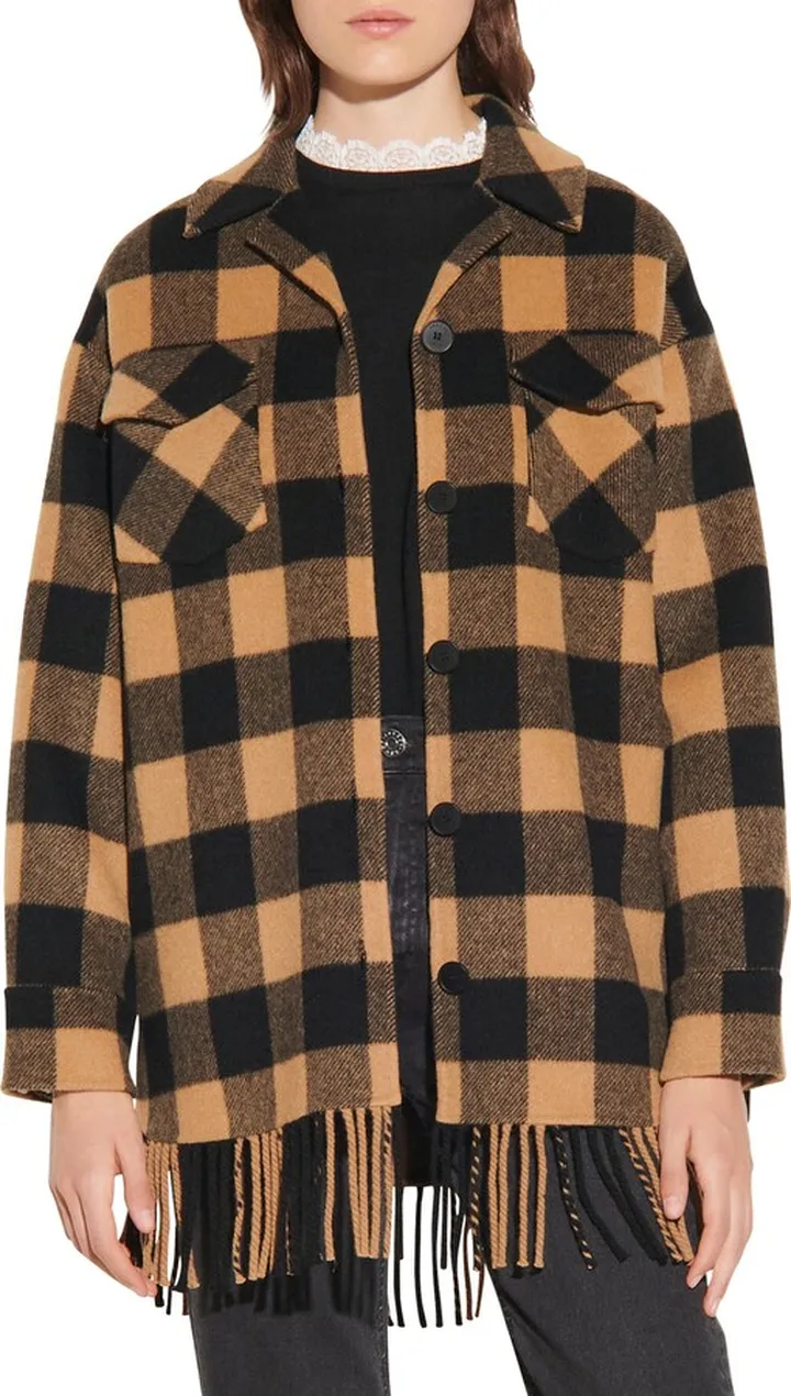 Buffalo Plaid Fringe Hem Wool Blend Jacket