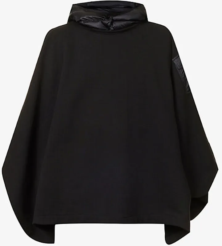 Womens Black Logo-patch Hooded Fleece Cotton Cape