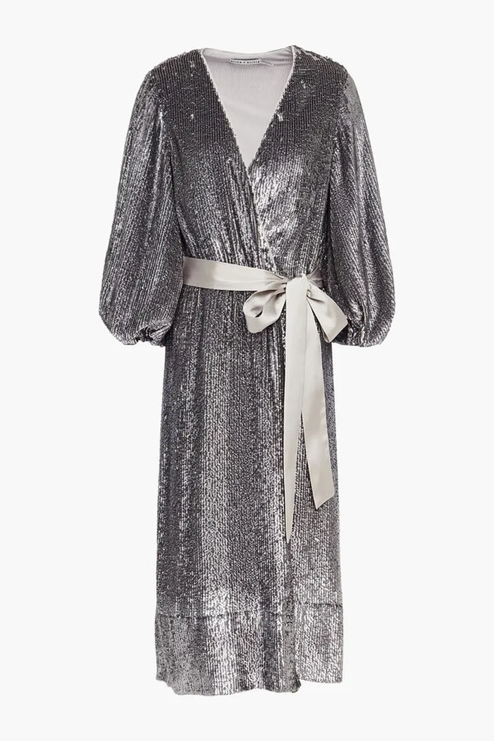 Anne belted sequined crepe de chine midi wrap dress