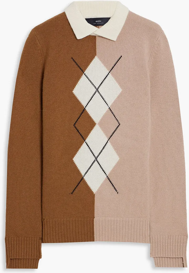 Argyle two-tone cashmere polo sweater