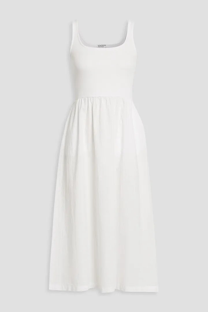 Ribbed jersey-paneled gathered cotton-poplin midi dress