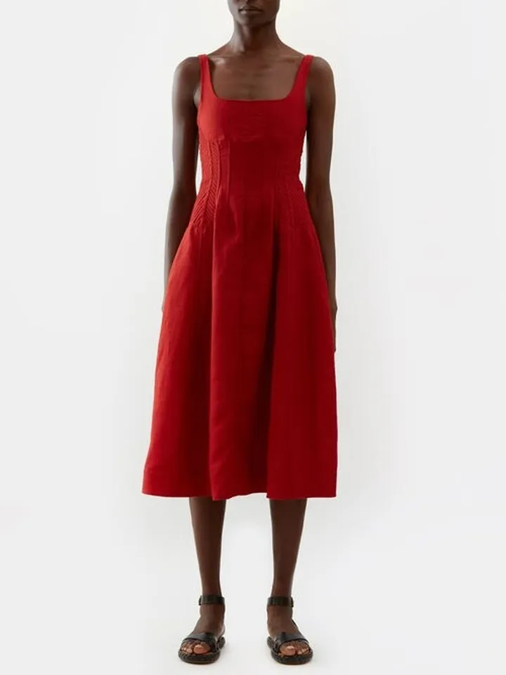 Square-neck Corseted Linen Midi Dress