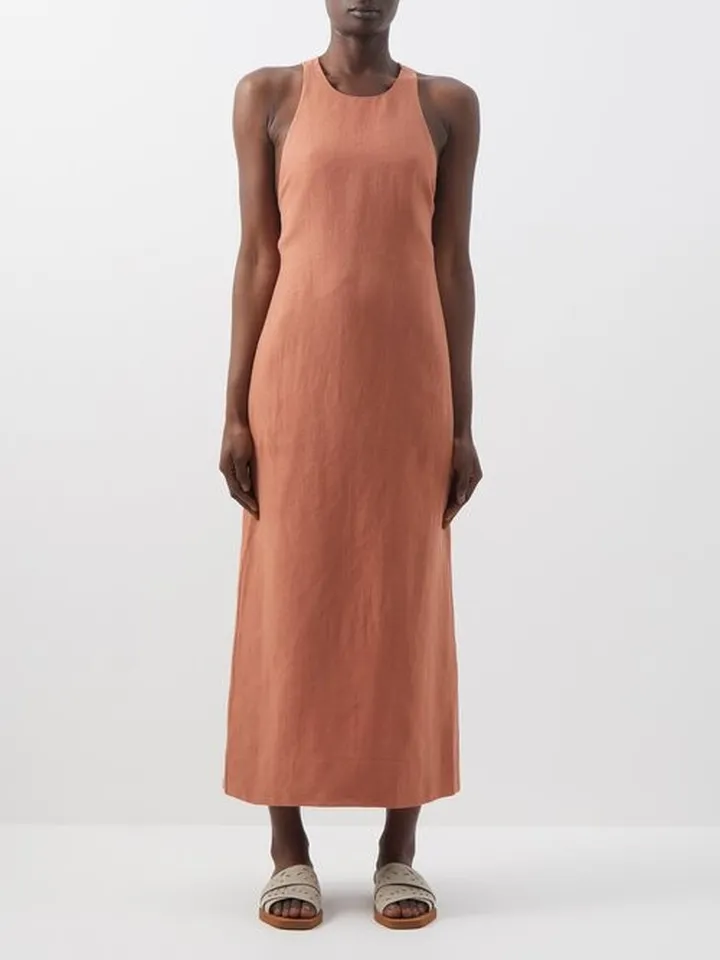 Olive Open-back Linen Dress