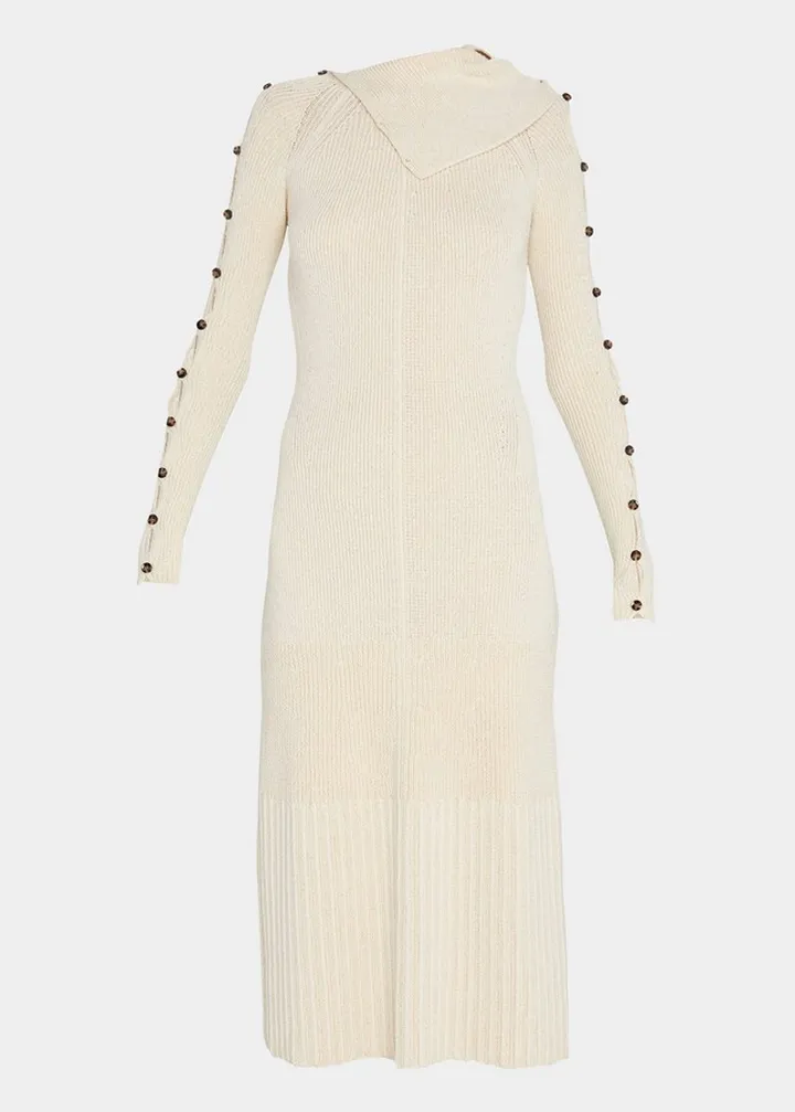 Button Keyhole-Sleeve Rib Midi Dress