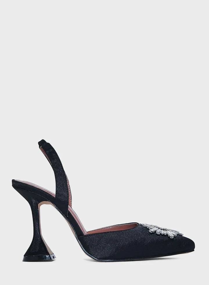 Mirror Brooch Satin Slingback Pointed Pump