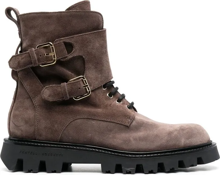 Suede Buckle-Strap Lace-Up Boots