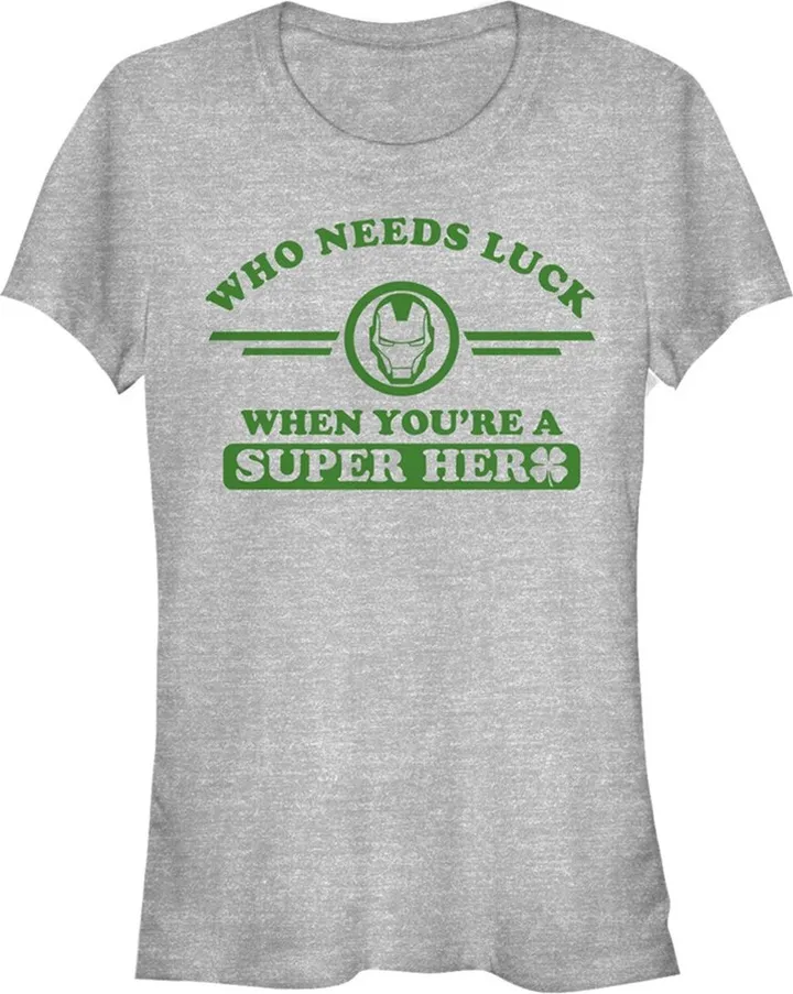 Junior's Marvel St. Patrick's Day Iron Man No Luck Needed T-Shirt - Athletic Heather - X Large
