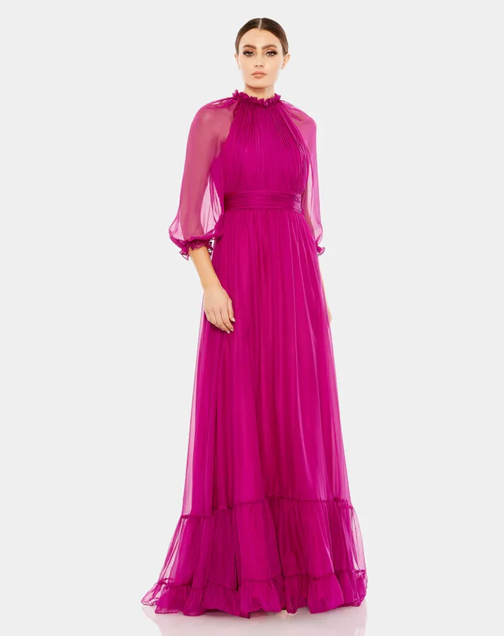 Chiffon Ruched Illusion Ruffled Gown