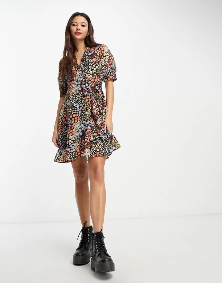 Wednesday's Girl ruffle detail mini tea dress in patchwork floral