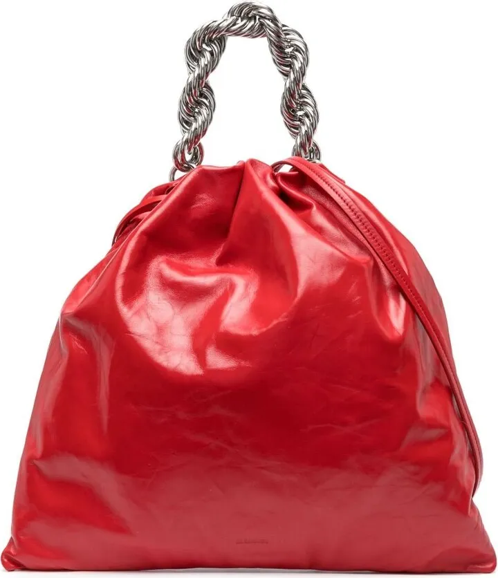 Metallic Chain-Handle Leather Tote Bag