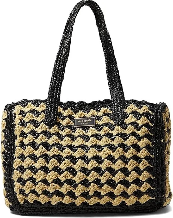 Kate Spade New York High Tide Striped Crochet Raffia Medium Tote (Black Multi) Handbags
