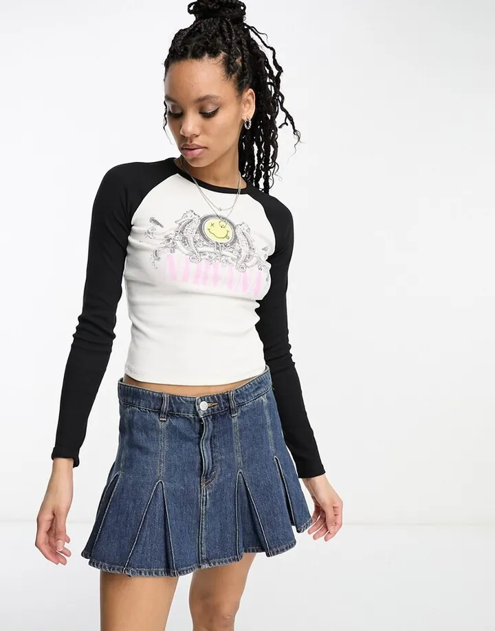 Bershka graphic long sleeve raglan t-shirt in black & white