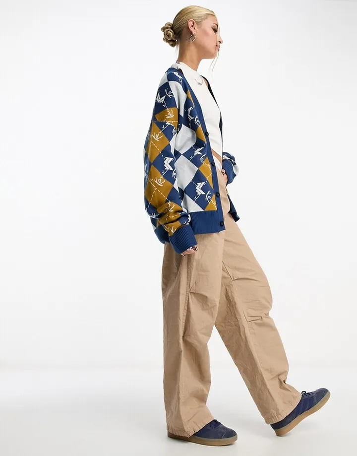 Karl Kani unisex relaxed argyle knit cardigan with logo