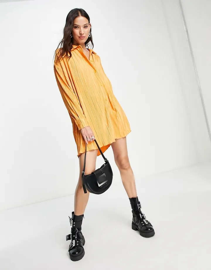 4th & Reckless plisse mini shirt dress in orange