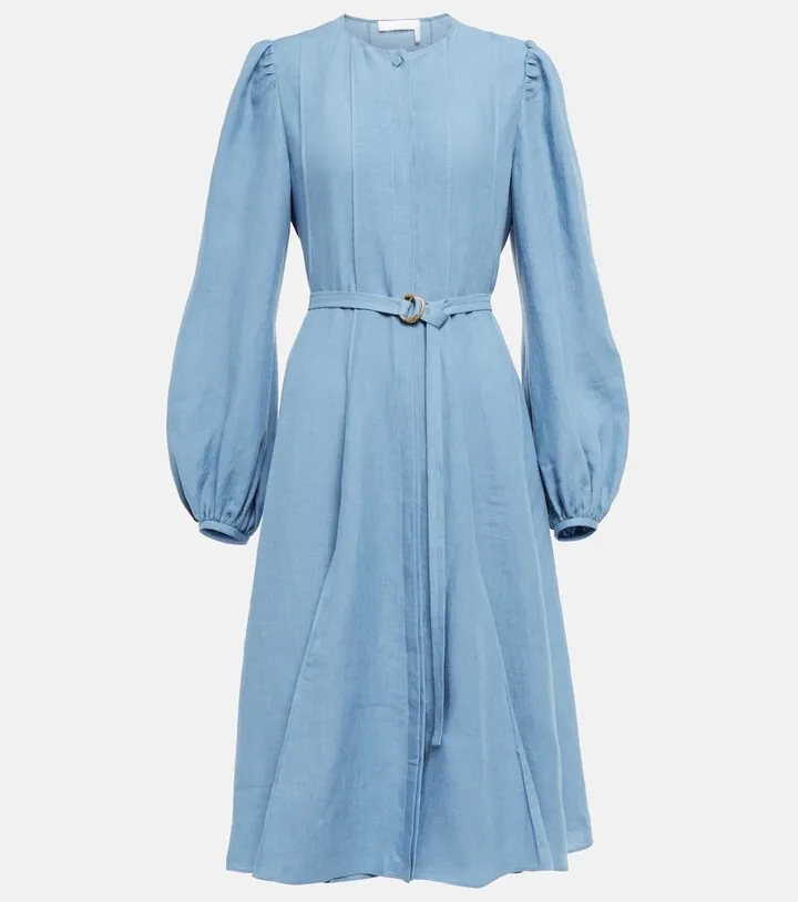 Belted linen midi dress