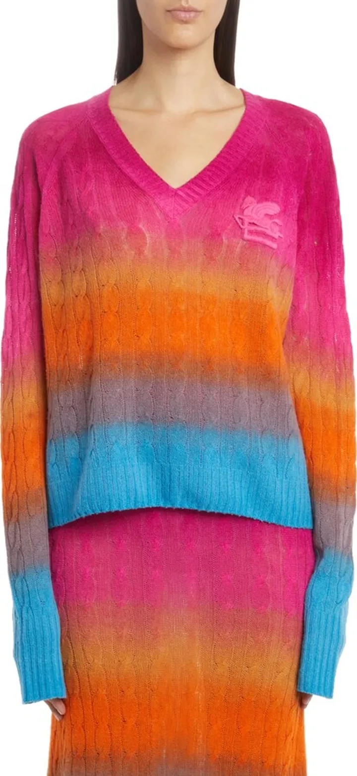 Ombré Colorblock Cable Knit V-Neck Sweater
