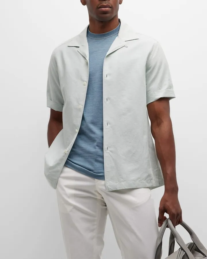 Men's Crossover Cotton-Linen Camp Shirt