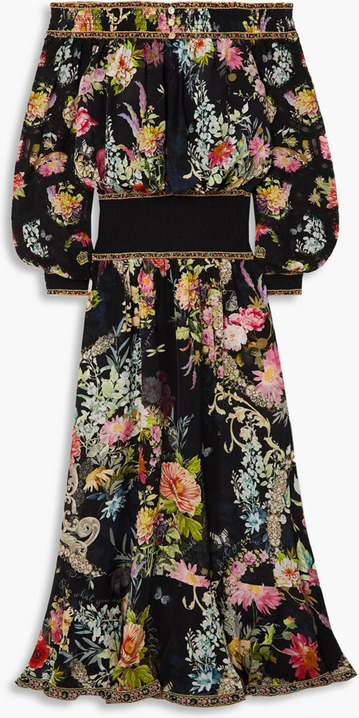 Off-the-shoulder crystal-embellished floral-print silk-chiffon maxi dress