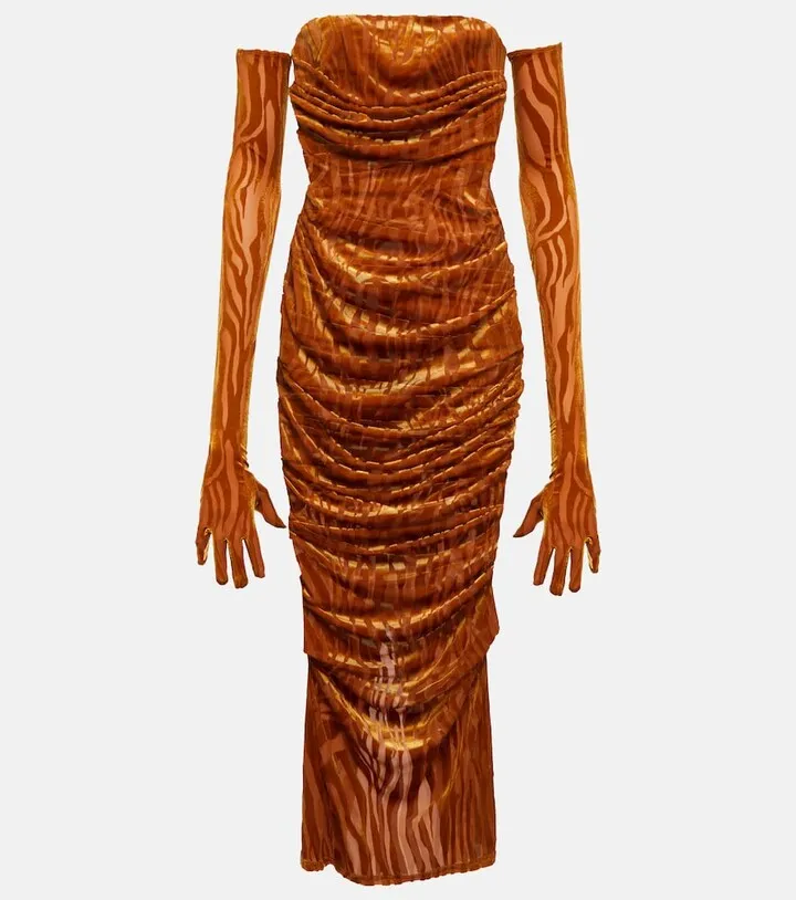 Brooks ruched midi dress with gloves