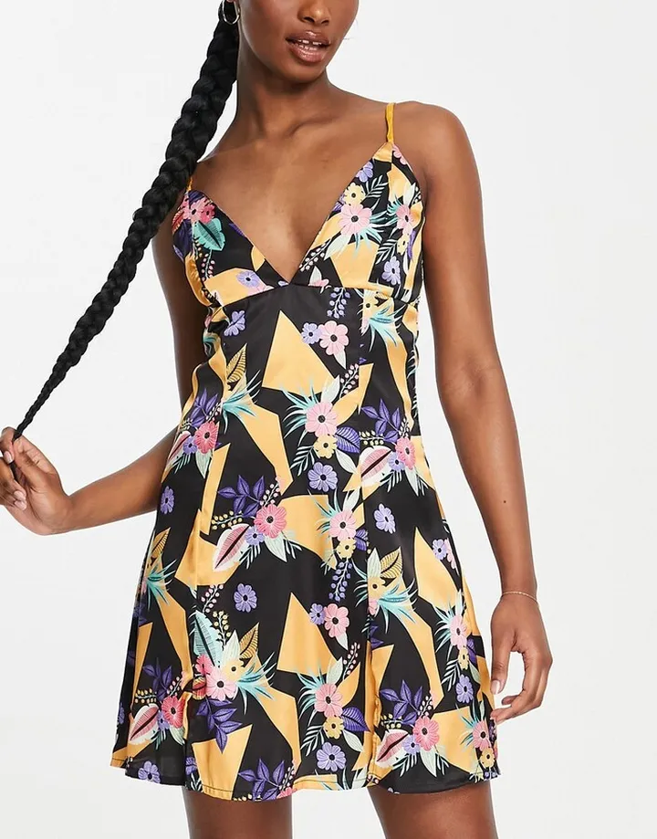 Liquorish satin cami nightdress in tropical print