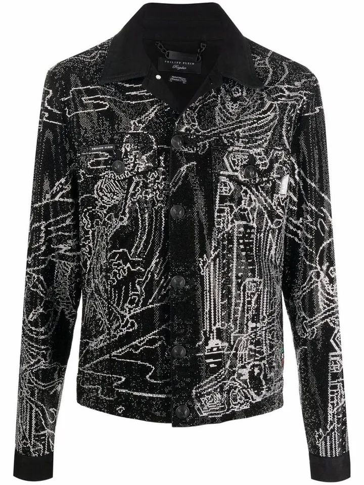 Skeleton-Tattoo Print Denim Jacket
