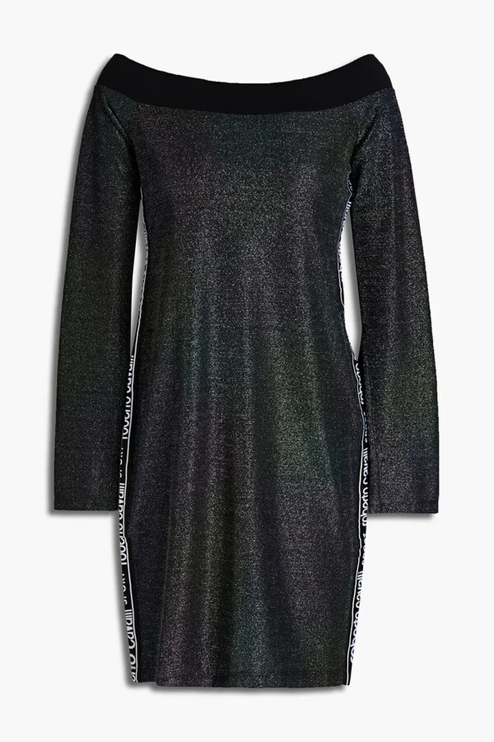 Off-the-shoulder metallic jersey mini dress