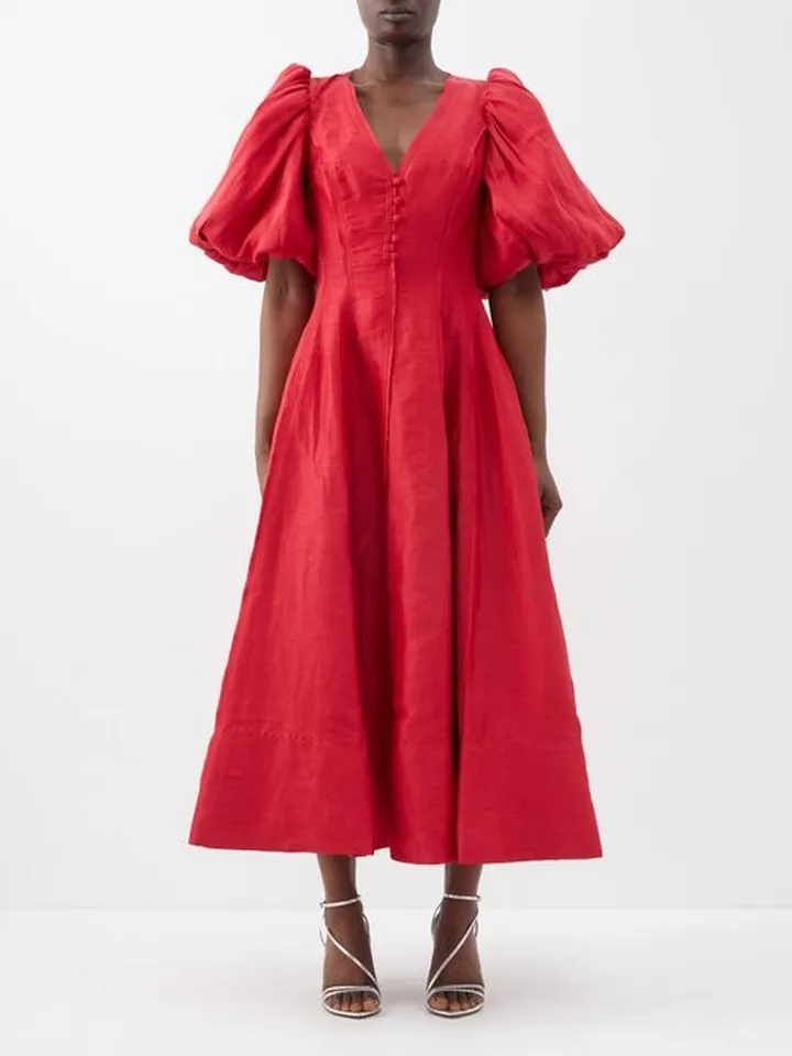 Dusk Puff-sleeve Linen-blend Midi Dress