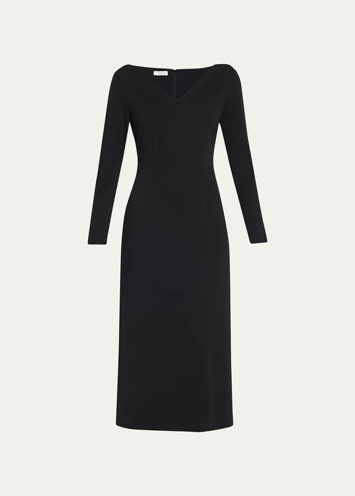 Long-Sleeve V-Neck Midi Dress