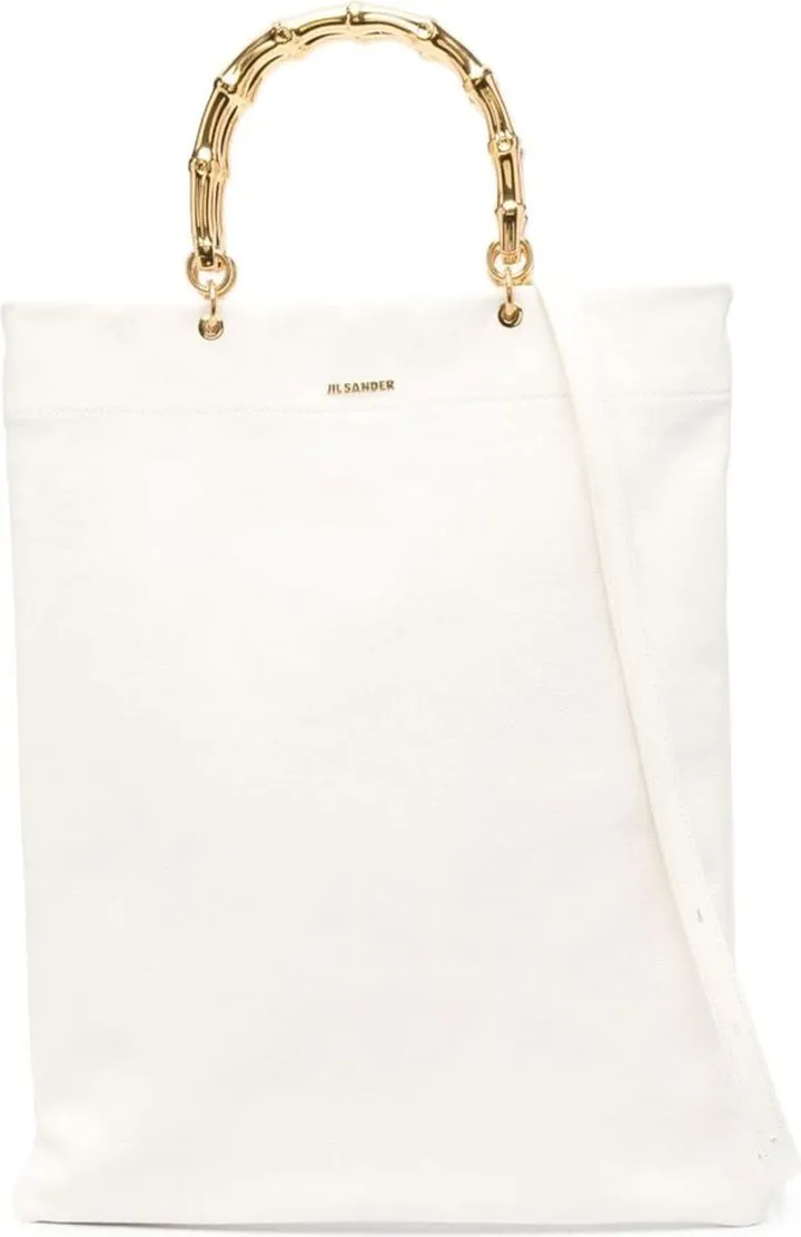 White Tote Bag With Bamboo Handles In Leather Woman