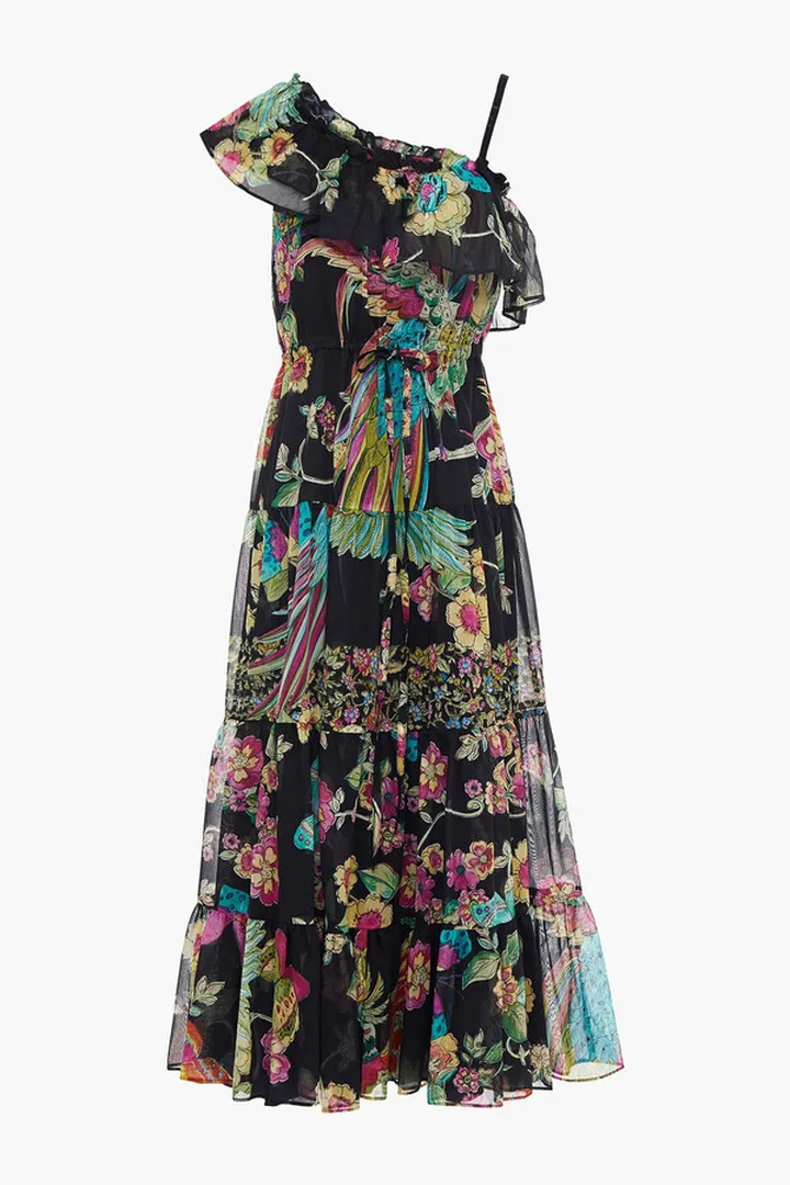 One-shoulder printed cotton and silk-blend voile midi dress