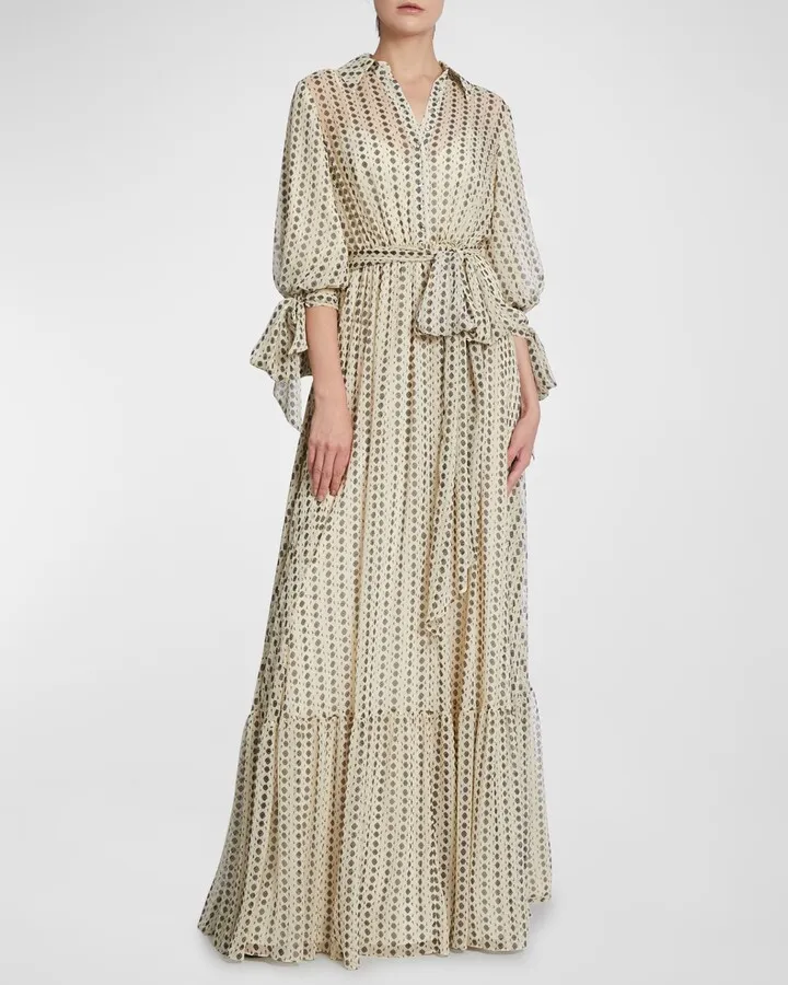 Diamond Striped Blouson-Sleeve Shirt Gown