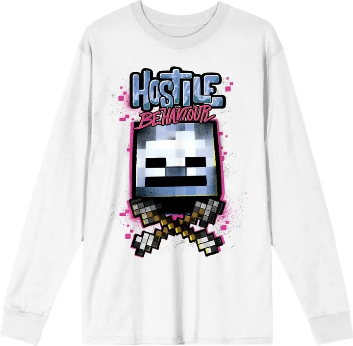 Minecraft Hostile Behavior Crew Neck Long Sleeve White Women’s Tee-Medium