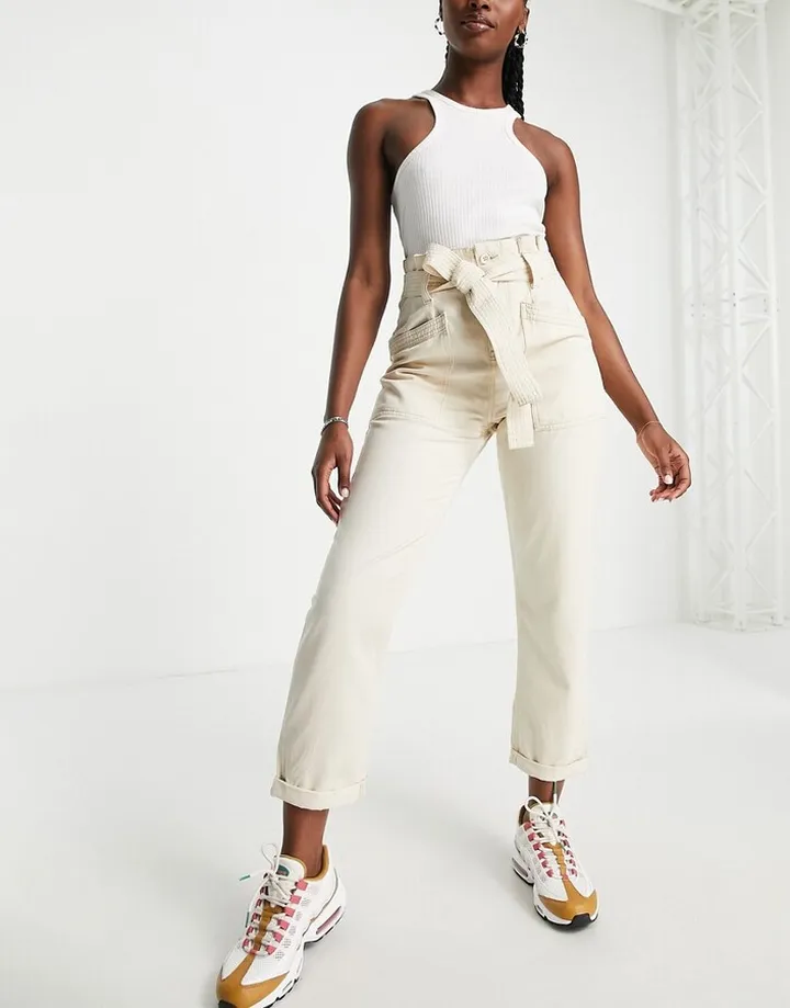 Topshop belted high waisted jeans in ecru