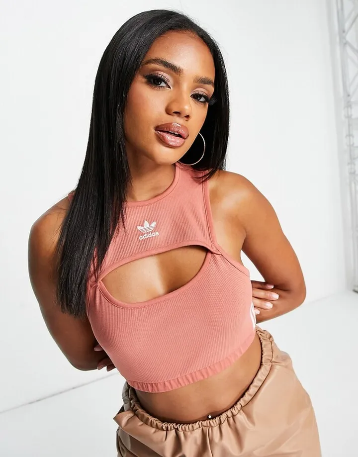 adidas Originals adicolor three stripe tank top with cut out detail in pink
