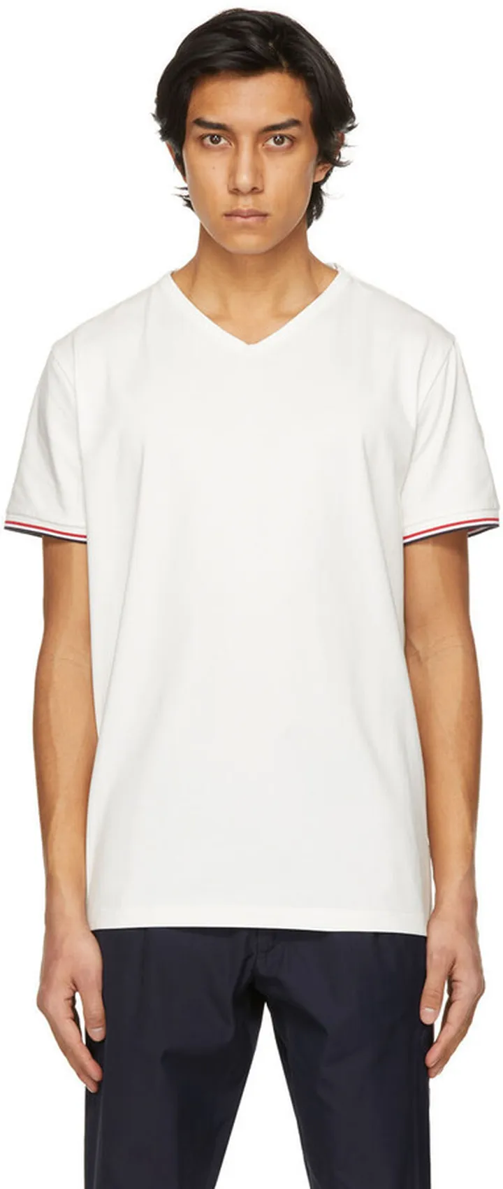 Moncler White Striped Cuffs V-Neck T-Shirt